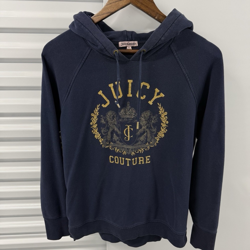 Juicy Couture Womens M Navy Blue Gold Crest Logo Pullover Hoodie Sweatshirt